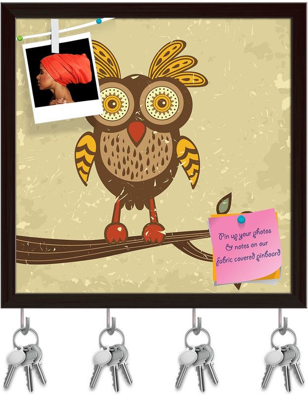 Artzfolio Retro Style Owl Pinboard with Key Holder Hooks Dark Brown Frame 10x10inch Cork Bulletin Board  (Multicolor 10 x 10 inch (25 x 25 cms))
