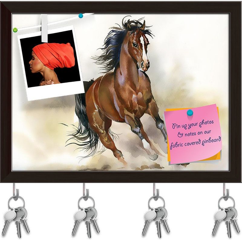 Artzfolio Running Horse Pinboard with Key Holder Hooks Dark Brown Frame 13.4x10inch Cork Bulletin Board  (Multicolor 13.4 x 10 inch (34 x 25 cms))