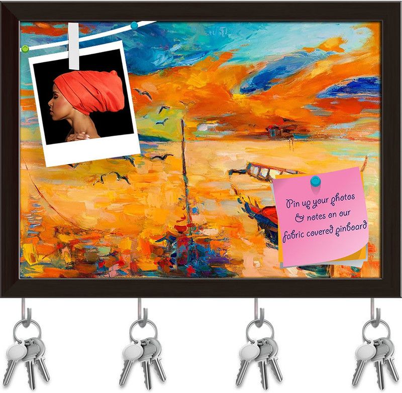 Artzfolio Boat & Sea Pinboard with Key Holder Hooks Dark Brown Frame 10.8x8inch (27x20cms) Cork Bulletin Board  (Multicolor 10.8 x 8 inch (27 x 20 cms))