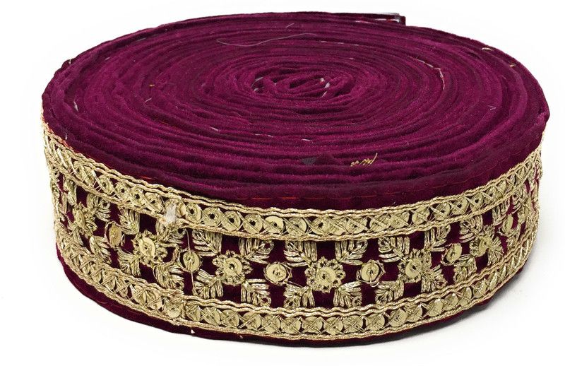 Inhika Women's 9 Meters Lace and Border Material, Gold Embrodered beaded, Velvet Fabric ( inches wide, Wine) Lace Reel  (Pack of 1)
