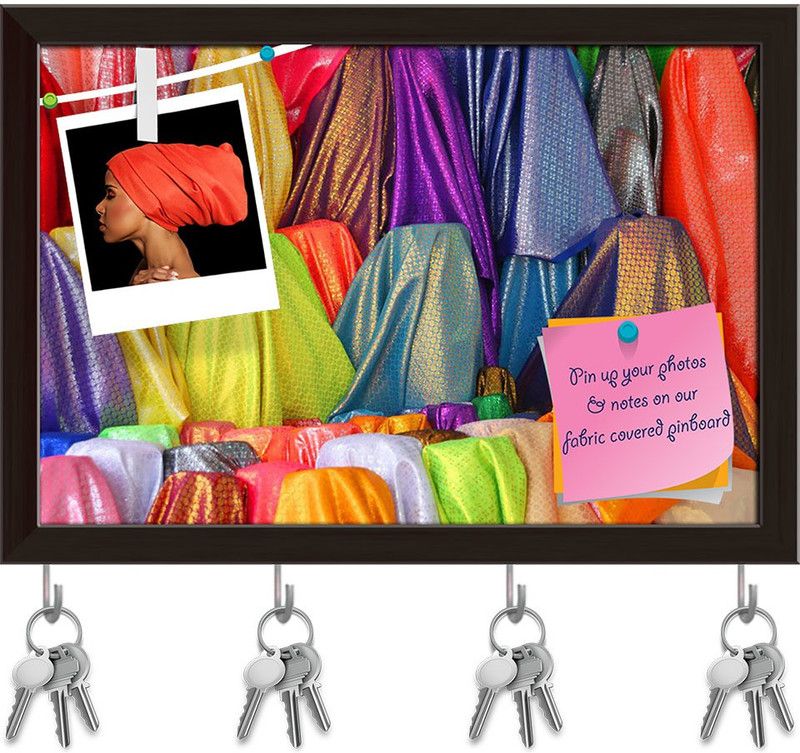 Artzfolio Colorful Clothes Pinboard with Key Holder Hooks Dark Brown Frame 8.5x6inch Cork Bulletin Board  (Multicolor 8.5 x 6 inch (22 x 15 cms))