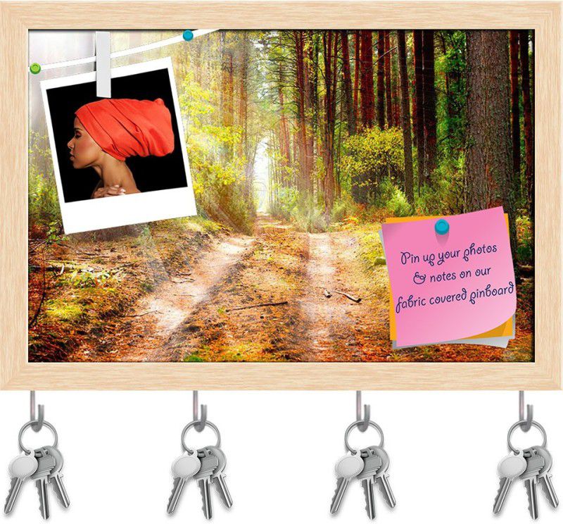 Artzfolio Autumn Forest D1 Pinboard with Key Holder Hooks Natural Brown Frame 11.6x8inch Cork Bulletin Board  (Multicolor 11.6 x 8 inch (29 x 20 cms))