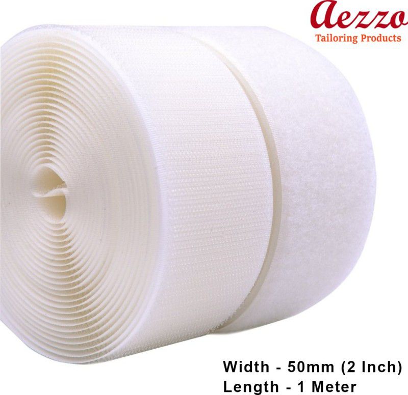 Aezzo White Velcro Hook + Loop Sew-on Fastener tape roll strips 1 Meter Length 2 Inch (50mm) Width. Use in Sofas Backs, Footwear, Pillow Covers, Bags, Purses, Curtains etc. (1Meter White) Sew-on Velcro  (White)