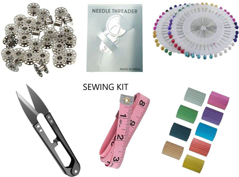 Royal Villa Special Combo Pack of 1 Thread Cutter + 10 Bobbins + 1 Threader + 1 Measuring Tape +12 Tailoring Chalk + 40 Pin Sewing Kit