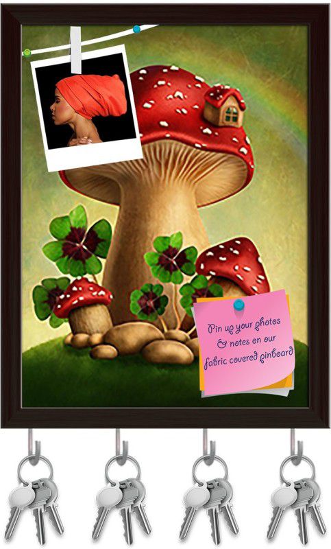 Artzfolio Magic Mushrooms Pinboard with Key Holder Hooks Dark Brown Frame 12x15.7inch Cork Bulletin Board  (Multicolor 12 x 15.7 inch (30 x 40 cms))