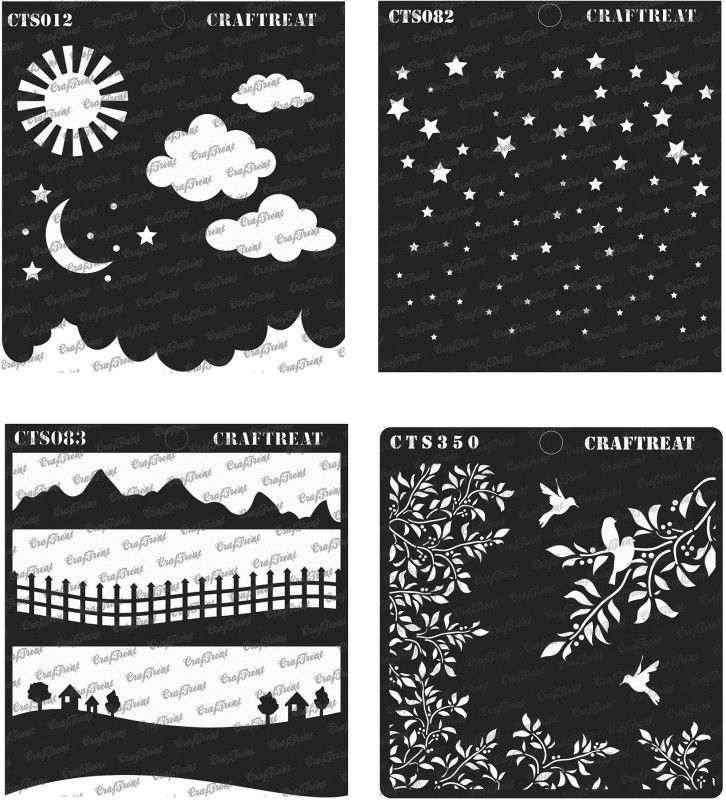 CrafTreat CTS012n082n083n350 Clouds and Stars & Starry Sky & Landscapes & Leaves and Branch (Size : 6"x6") Stencil  (Pack of 4, Printed)