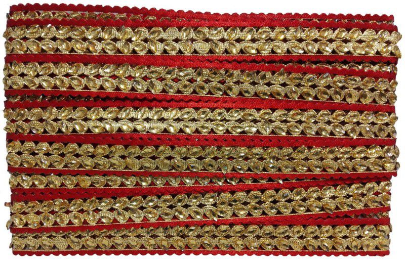 Uniqon CWG0144 (9 Mtr) Roll Of Red And Golden Makhhi Stone Gota Patti Embroidery Trim Lace Border with 1.905 cm Width for Saree,suit,dresses Embellishment,fashion Designing,craftworks Lace Reel  (Pack of 1)