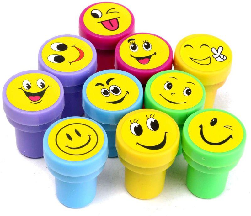 FATFISH 10 Pcs Emoji Stamper for Kids Plastic Stamper Toys Art and Craft School Supplies  (Set Of 10, Multicolor)