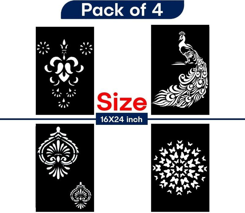 JAZZIKA Wall Stencils (Size :- 16 X 24 Inch) PATTERN- "Rajasthani Festive Art", "Classy Peacock", "Mewari Art", "Butterfly Circle" Design Suitable For Painting Home Wall Decor Stencil  (Pack of 4, "Note- Jāzzikā Creations Created this Listing")
