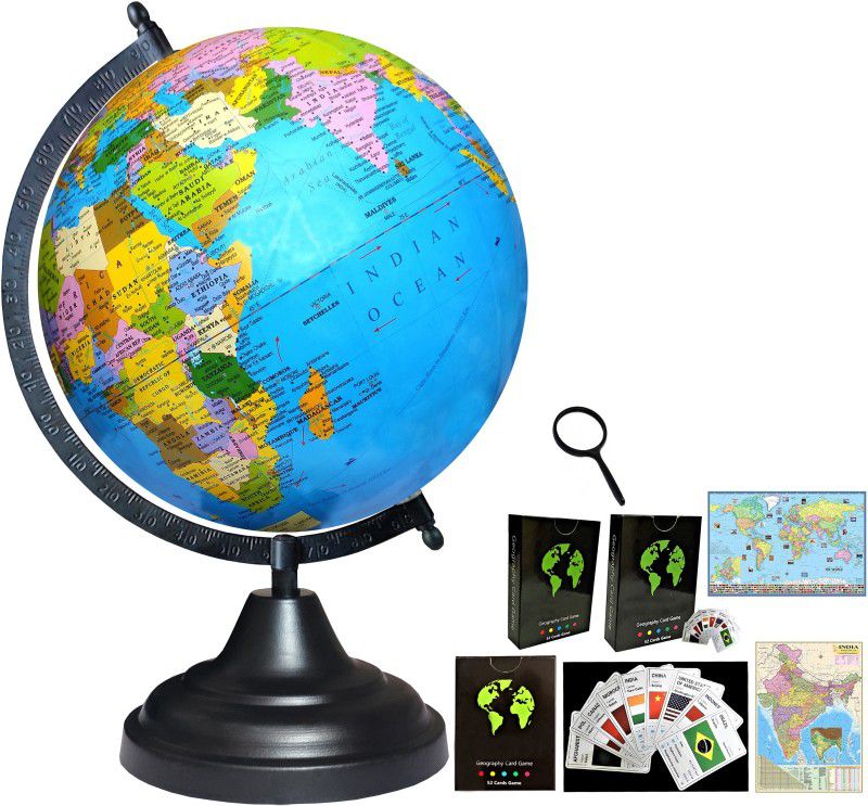 Savy 8 Inch=20.32 cm Globe, 52 Countries Trump Cards, Magnifier 50 mm & 2 Map Charts, Black Arc & Base, Multicolor Map, Blue Ocean for Kids School Home Office Table Rotating Laminated Political Geography Study World Globe  (8 Inch Diameter Blue)
