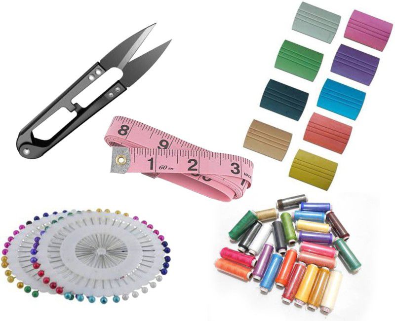 Royal Villa Special Combo Pack of 1 Thread Cutter + 12 Tailoring Chalk + 40 Pins Pack + 10 Multicolored Spool Threads + 1 Measuring Tape Pack -For Sewing and Embroidery Work Sewing Kit
