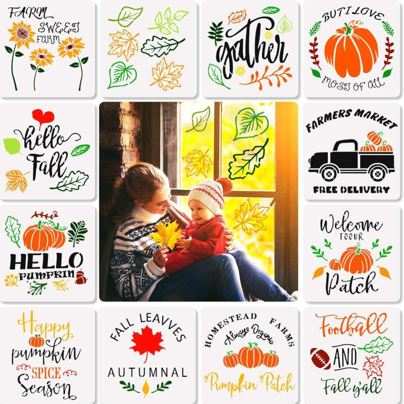IVANA'S 12 Pieces Fall Thanksgiving Stencils Painting on Wood Large Reusable Pumpkin Ste ncils for Farmhouse Home Decor Art & Craft Stencils Stencil  (Pack of 12, Art & Craft Paitning Stencil)
