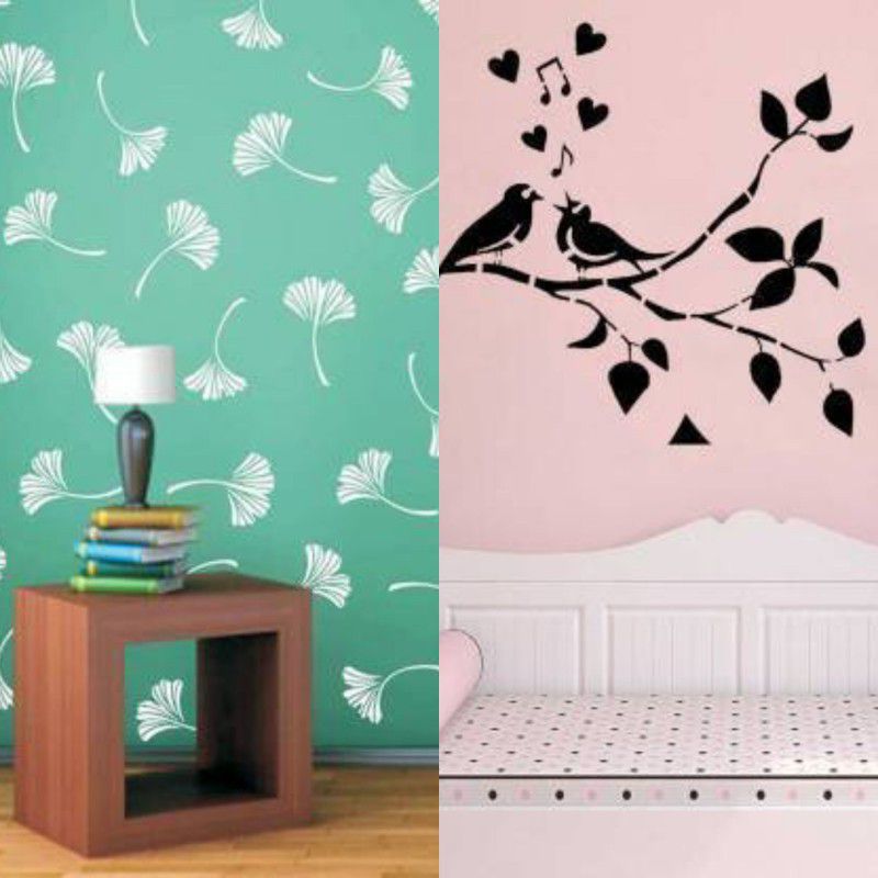 Aaradhya Collection Reusable DIY Designer PVC Wall Stencil Painting for Home Decoration Combo (16 x 24 inches, Leaf Design & Singing Birds Pattern) B7231_B1280 Wall Stencil Stencil  (Pack of 2, Printed)