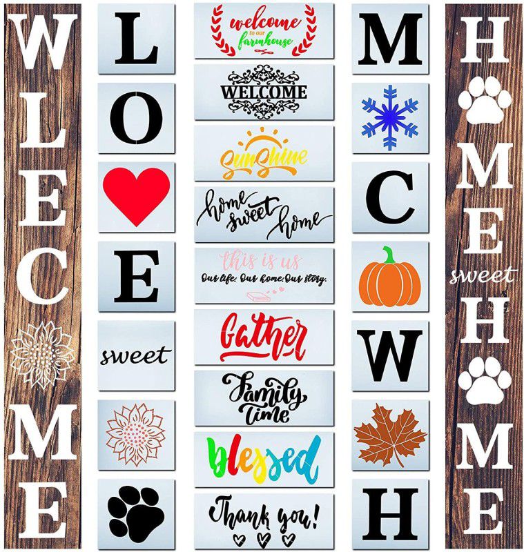 IVANA'S 23 Pieces Welcome Home Sign Stencils Reusable Porch Stencils Front Door Letter T emplate with Assorted Patterns for Painting on Wood, Door Home Decor Supplies Art & Craft Stencils Stencil  (Pack of 23, Art & Craft Paitning Stencil)