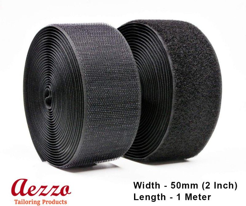 Aezzo Black Velcro Hook + Loop Sew-on Fastener tape roll strips 1 Meter Length 2 Inch (50mm) Width. Use in Sofas Backs, Footwear, Pillow Covers, Bags, Purses, Curtains etc. (1Meter Black) Sew-on Velcro  (Black)