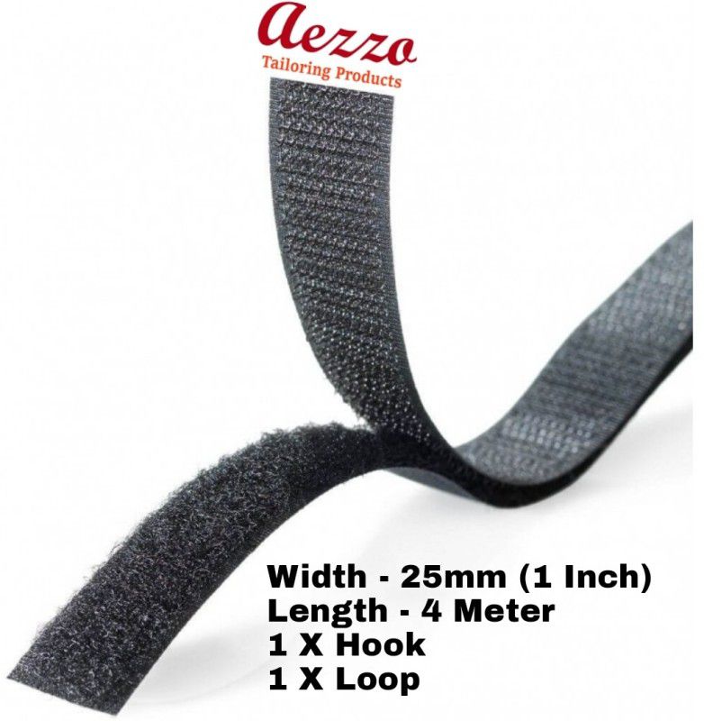 Aezzo Black Velcro Hook + Loop Sew-on Fastener tape roll strips 4 Meter Length 1 Inch (25mm) Width. Use in Sofas Backs, Footwear, Pillow Covers, Bags, Purses, Curtains etc. (4 Meter Black) Sew-on Velcro  (Black)