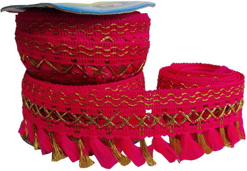 Uniqon CWG0183-02 (9 Mtr) Roll of Pink And Golden Jhaadu Gota Patti Embroidery Trim Lace Border with 4.445 cm Width for Saree,suit,dresses Embellishment,fashion Designing,craftworks Lace Reel  (Pack of 1)