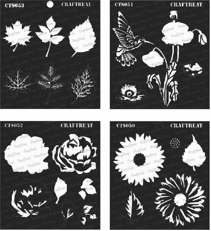 CrafTreat CTS052n051n050n053 Rose & Poppy & Sun Flower & Leaves (Size : 6"x6") Stencil  (Pack of 4, Printed)