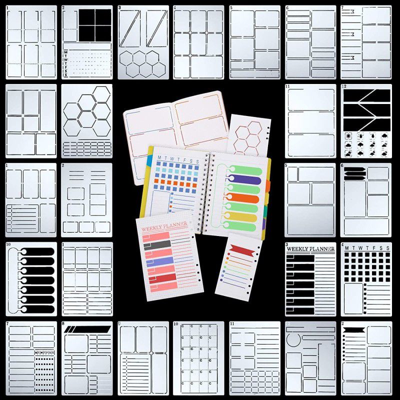 IVANA'S 26 Pieces A5 Journal Stencils Plastic Planner Set DIY Templates Planner Weekly L ayouts Bullet Dot Grid Journal Stencils for DIY Notebook Diary Art & Craft Stencils Stencil  (Pack of 26, Art & Craft Paitning Stencil)