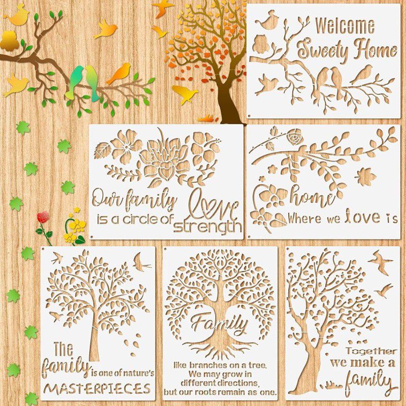 IVANA'S 6 Pieces Family Tree Stencil Kit Flower Stencil Bird Reusable Mylar Template Ste ncils with Metal Open Ring for Painting on Wood Wall Home Decor Art & Craft Stencils Stencil  (Pack of 6, Art & Craft Paitning Stencil)