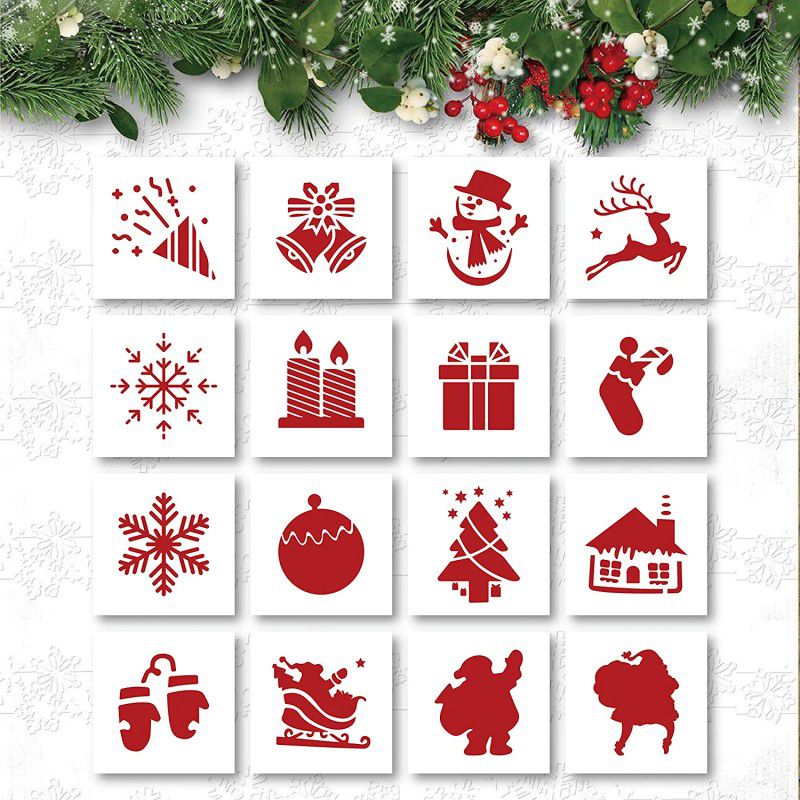 Kachi Pencil 16 PCS Christmas Stencils for Painting on Wood Wall, Christmas Theme Pattern Tem plates for DIY Home Winter Chiristmas Decorations, Paint Wood Signs, Reble Plast ic Stencil Stencil  (Pack of 16, Modern, Artistic, Art & Craft)