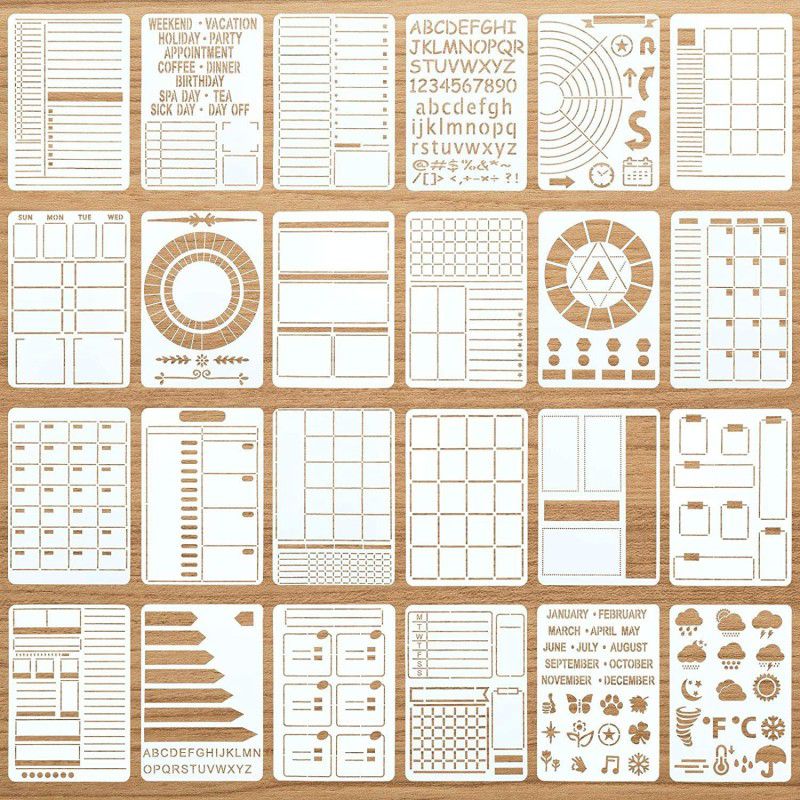 IVANA'S 24 Pieces Productivity Stencil Journal Stencil Plastic Planner DIY Drawing Templ ate for Time Saving Planner, Calendars, Lists, Letters, Numbers Art & Craft Stencils Stencil  (Pack of 24, Art & Craft Paitning Stencil)