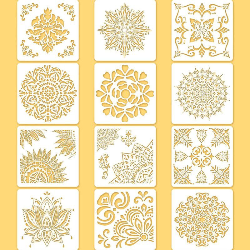 IVANA'S 12 Pieces 12 x 12 Inch Large Reusable Stencil Mandala Stencil Laser Cutting Pain ting Template for Floor Wall Tile Fabric Furniture Stencils Painting Art & Craft Stencils Stencil  (Pack of 12, Art & Craft Paitning Stencil)