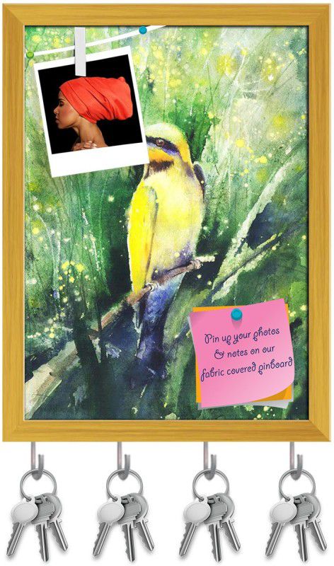 Artzfolio Tropical Bird Sitting On A Branch Pinboard & Key Hooks Golden Frame 8x10.7inch Cork Bulletin Board  (Multicolor 8 x 10.7 inch (20 x 27 cms))