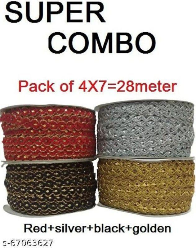 DIARA COMBO PACK of Golden+black+silver+red lace rell for Dresse, Saree, Lehenga, Dupatta, Bag, Craft and Decorations 28Meter Lace (Pack of 4 - 7 Meter Each) Lace Reel  (Pack of 4)