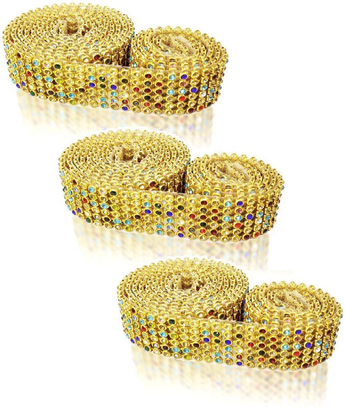 Uniqon CWG0334-005 Pack of 3 (1.25mtr and 2cm Width) 6-Line Golden Zarkan Nug Stone Gota Trim Lace Lace Reel  (Pack of 3)