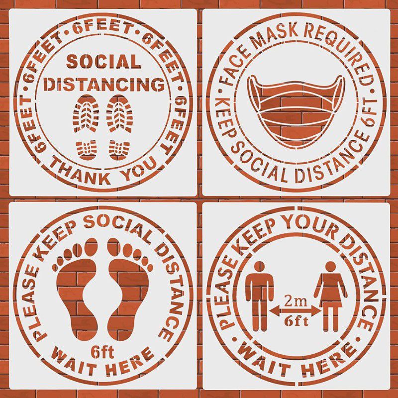 IVANA'S 4 Pieces Social Distancing 6 Feet Stencil Template Plastic Distancing Sign Stenc ils Reusable Stencils for Scrapbooking Drawing Tracing DIY Craft, 11 x 11 Inches Art & Craft Stencils Stencil  (Pack of 4, Art & Craft Paitning Stencil)