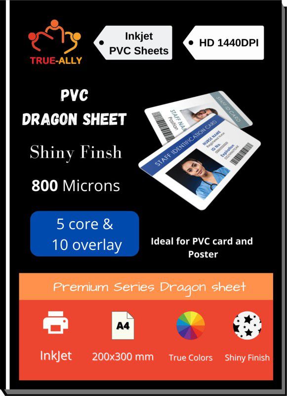 True-Ally Premium Extra shine Finish PVC Lamination Dragon Sheet A4 Size 800 Micron for PVC Aadhar , Photos, ID card (Set of 5 Cores and 10 Overlays) Unruled A4 800 gsm Inkjet Paper  (Set of 1, White)