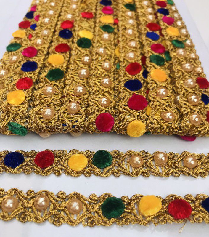KFLACE LACE10 (9 Mts Roll 15mm Width) Zari Designer Lace With Multicolor Velvet & Stones / Daimond Handwork / Golden Jari / Use Saree, Bridal, Lehenga, Ribbon, Dupatta, Indian Trimmings, Dresses Suits, Reel (Pack Of 1) Lace Reel  (Pack of 1)