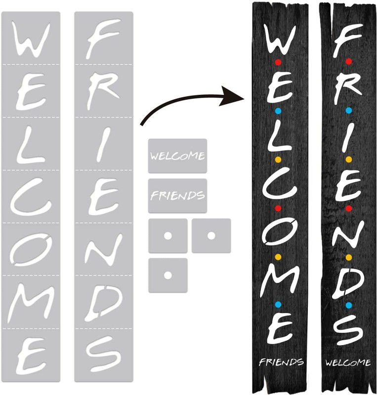 DEQUERA Welcome Friends Stencil for Painting On Wood, Large Letter Stencils for DIY, Por ch Sign and Front Door Decor Wall, Paint Wooden Signs, Thanksgiving, DIY Home Yard Décor Stencil  (Pack of 1, Larger Letter Stencil)