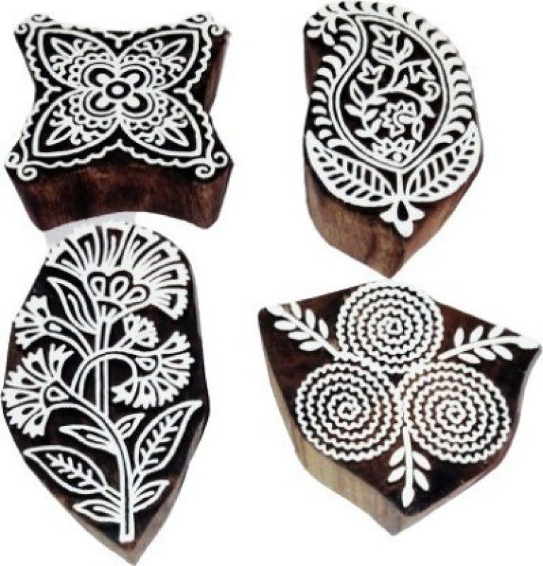 Reniq Rural Designs: Beautiful Leaf Carved, Unique Floral Designs Round Designs Printing Blocks  (Pack of 4)