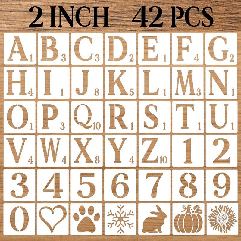 DEQUERA 2 Inch Letter Stencils Numbers Craft Stencils, 42 Pcs Reusable Plastic Alphabet Drawing Templates for Painting on Wood, Wall, Fabric, Rock, Chalkboard, Signage, Door Porch, DIY Art Projects Stencil  (Pack of 1, Larger Letter Stencil)