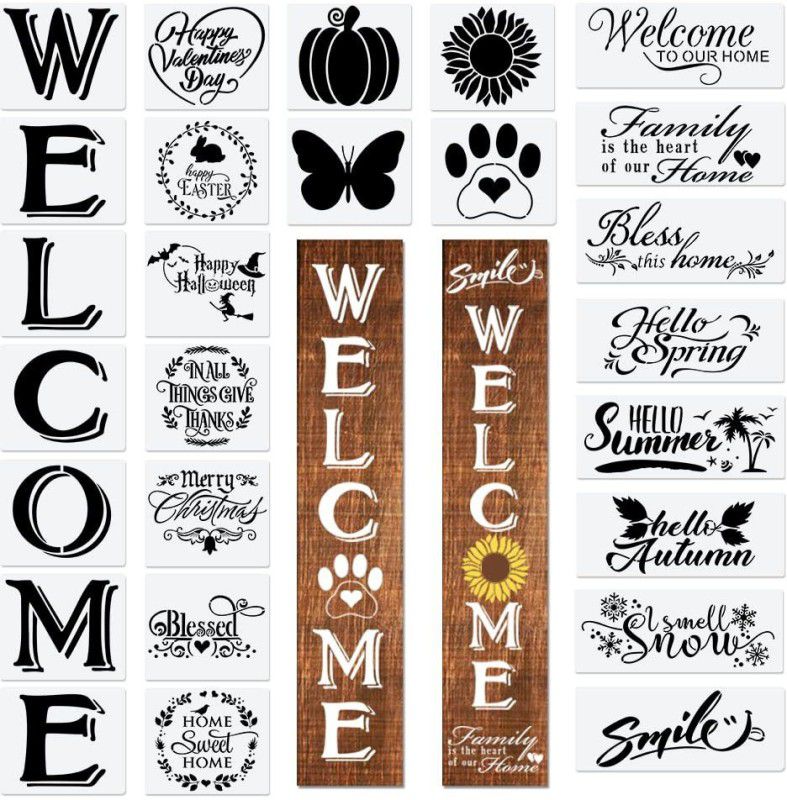 DEQUERA Welcome Letter Stencils for Painting on Wood Canvas and More - Reusable Large Al phabet Calligraphy Font for Home and Front Door , Porch or Outside Decoration Fa bric Chalkboard Plastic Stencil  (Pack of 1, Larger Letter Stencil)