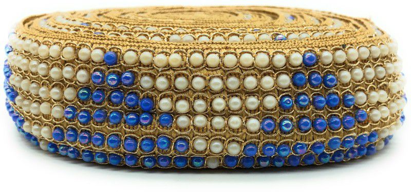 Lace styles KAV7291 1.5"INCH DESIGNER HIGHLITED BLUE STONE WITH PEARL ON GOTA GOLI LACE (9METERS) Lace Reel  (Pack of 1)