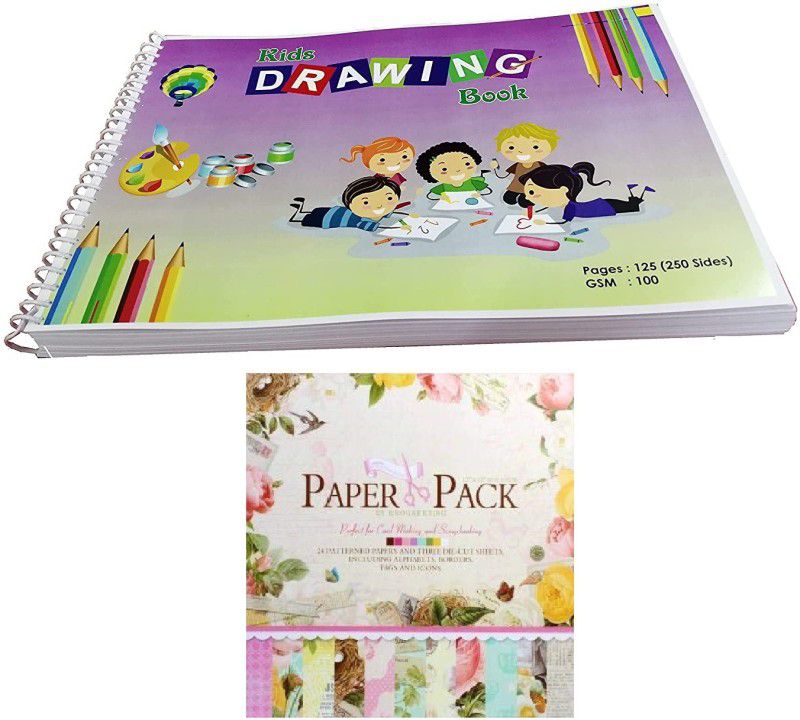 MOREL DRAWING BAOOK (250 PAGES, 125 SHEETS) PLAIN PAPER OF 100GSM AND (12''X12'') SCRAPBOOK MATERIAL/PRINTED PAPERS FOR ART N CRAFT (24 SHEETS+3 DIE CUT SHEETS) UNRULED 12 INCH 100 gsm Craft paper  (Set of 2, Multicolor)