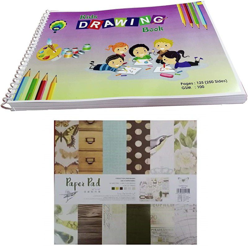 MOREL DRAWING BOOK (250 PAGES, 125 SHEETS) PLAIN PAPER OF 100GSM AND (10''X10'') SCRAPBOOK MATERIAL/PRINTED PAPERS FOR ART N CRAFT (24 SHEETS, 2 DIE CUT SHEETS UNRULED 10 INCH 100 gsm Craft paper  (Set of 2, Multicolor)