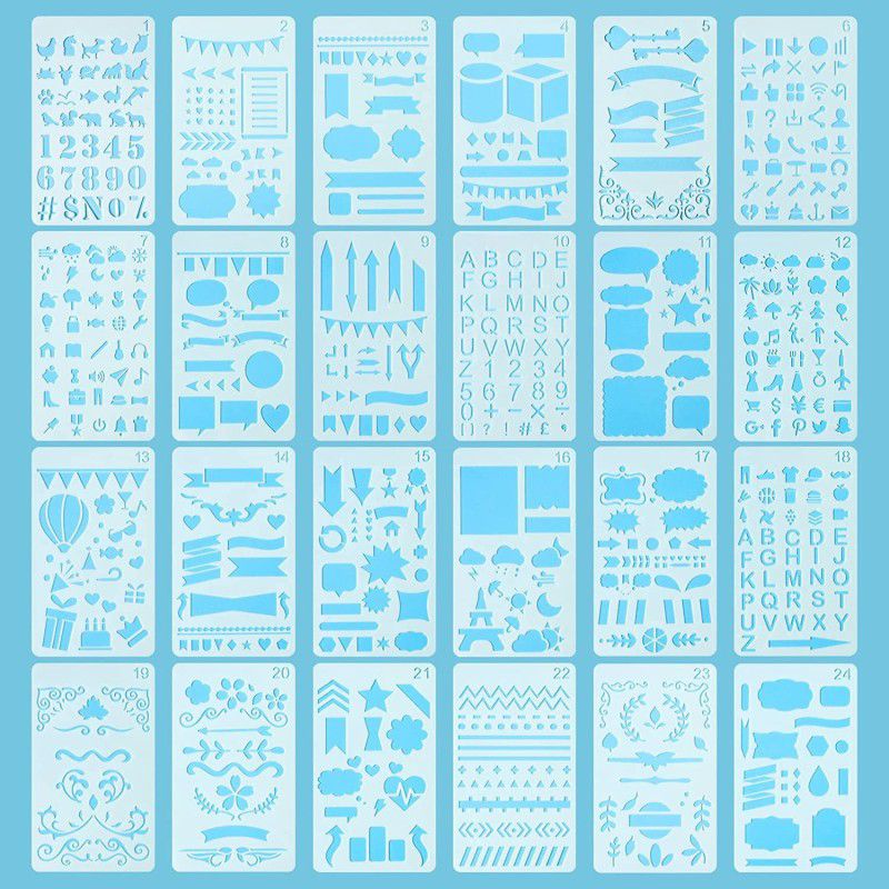 DEQUERA 24 PCS Journal Stencils Set for Painting, Alphabet Letter Stencils Reusable Plas tic Number Templates for Journal Notebook Diary Drawing Scrapbook, DIY Drawing T emplates 4x7 Inch White Stencil  (Pack of 1, Larger Letter Stencil)