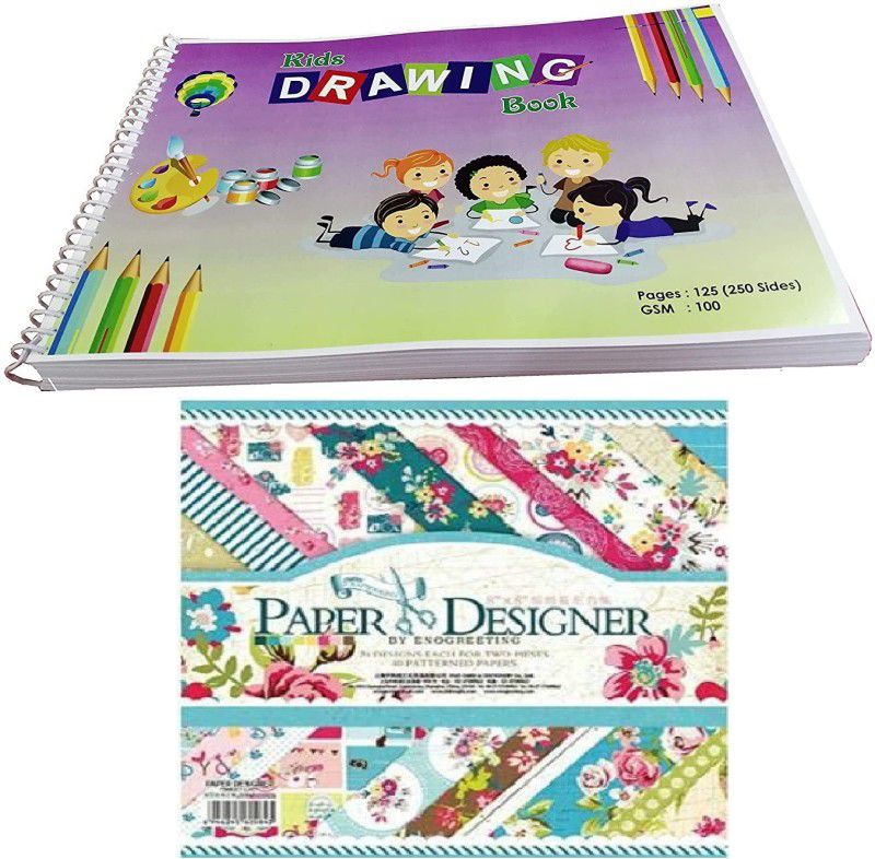 MOREL DRAWING BAOOK (250 PAGES, 125 SHEETS) PLAIN PAPER OF 100GSM AND (8''X8'') SCRAPBOOK MATERIAL/PRINTED PAPERS FOR ART N CRAFT (40 SHEETS) FOR ART & CRAFT SET UNRULED 8 INCH 100 gsm Craft paper  (Set of 1, Multicolor)