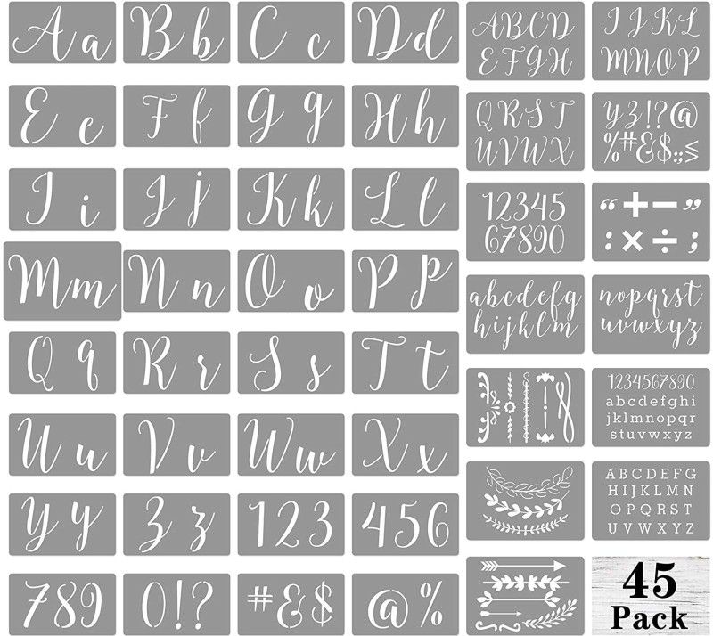 DEQUERA Large Cursive Block Letter Number Stencil Reusable Template Alphabet Painting fo r Wood Burning Wall Art Chalkboard Sign Set of 45 Pcs in 2 Font 212 Character De sign Stencil  (Pack of 1, Larger Letter Stencil)