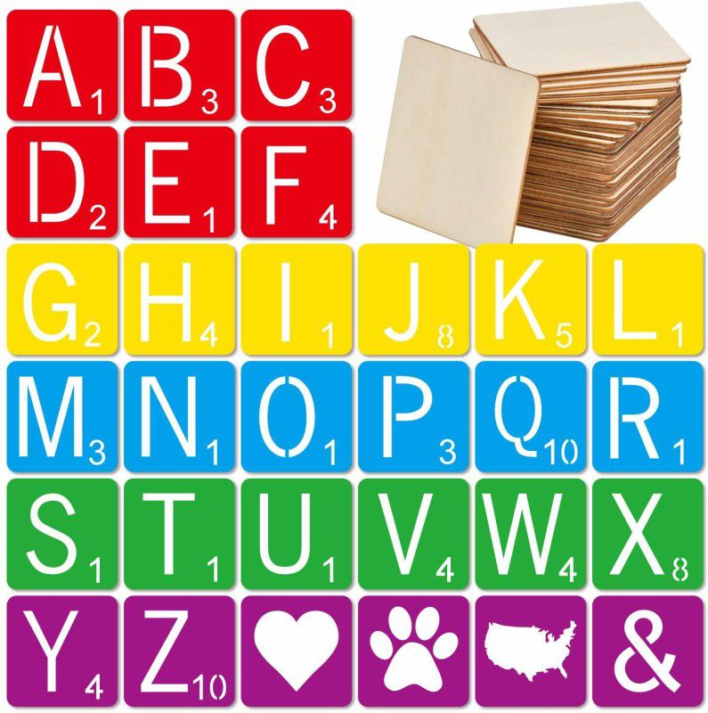 DEQUERA 30 Pieces 4 Inch Scrabble Style Tile Stencil Letters with 50 Pieces Unfinished S quare Wood Slices Blank 4 Inch for Coasters, Painting, Writing, Tile Wall Decor Art, Photo Props and Home Decorations Stencil  (Pack of 1, Larger Letter Stencil)