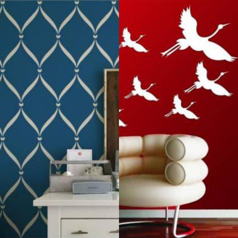 Aaradhya Collection Reusable DIY Designer PVC Wall Stencil Painting for Home Decoration Combo (16 x 24 inches, Strips Pattern & Flying Birds) A906_B1820 Wall Stencil Stencil  (Pack of 2, Printed)