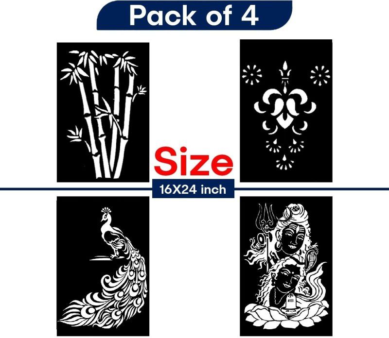 JAZZIKA Painting Wall Stencils PATTERN:- "Bamboo Art", "Rajasthani Festive Art", "Classy Peacock", " Lord Shiva With Beautiful Parvati Art" Design Ideal For Home Wall Decor Stencil  (Pack of 4, "Note- Jāzzikā Creations Created this Listing")