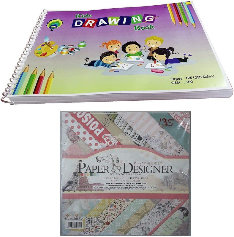 MOREL DRAWING BAOOK (250 PAGES, 125 SHEETS) PLAIN PAPER OF 100GSM AND (8''X8'') BEAUTIFUL PATTERN PRINTED PAPERS FOR ART & CARFT (40 PAPERS, MULTICOLOR) UNRULED 8 INCH 100 gsm Craft paper  (Set of 1, Multicolor)