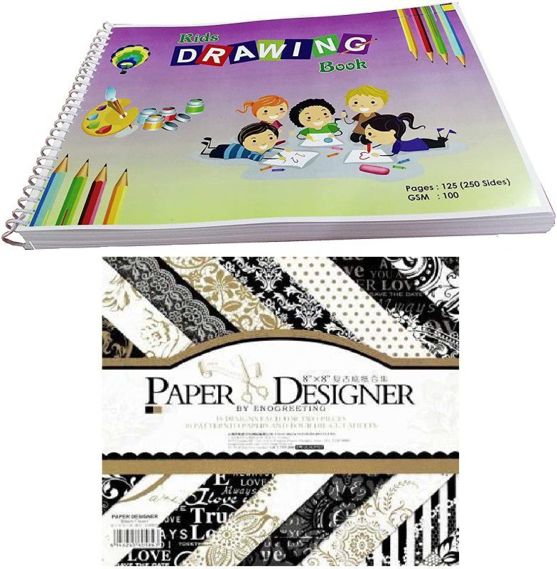 MOREL DRAWING BOOK (250 PAGES, 125 SHEETS) PLAIN PAPER OF 100GSM AND (8''X8'') SCRAPBOOK MATERIAL/PRINTED PAPERS FOR ART N CRAFT (40 SHEETS, 4 DIE CUT SHEETS) FOR ART & CRAFT SET UNRULED 8 INCH 100 gsm Craft paper  (Set of 1, Multicolor)