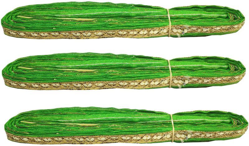 Adhvik Pack of 3 (9 Mtr Roll and 1.2cm Width) Green And Golden Sitara Gota Trim Laces and Borders Craft Material for Bridal Ethnic Wear Suits Sarees Falls Lehengas Dresses/apparel Designing Embellishment Lace Reel  (Pack of 3)