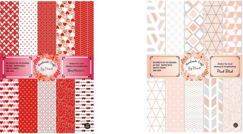 Dheett Heartilicious and Peach Blush Scrapbook Designer Paperpack Matte Finish Perfect for Making Greeting Cards Envelops Explosion Boxes and Albums Unruled A4 300 gsm Craft paper  (Set of 2, Heartilicious and Peach Blush)